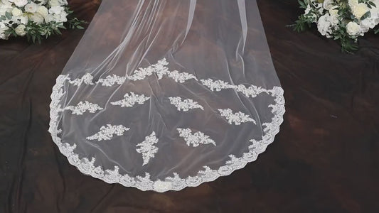 Handmade Ivory Cathedral Wedding Veil, Floral Lace Embroidery, Royal Bridal Train