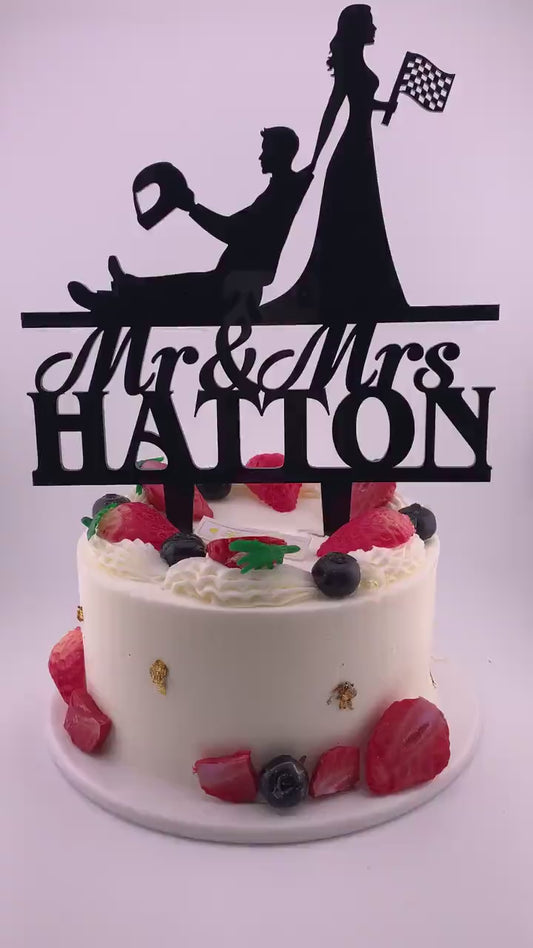 Racing Wedding Cake Topper: Checkered Flag, Personalized Auto Theme