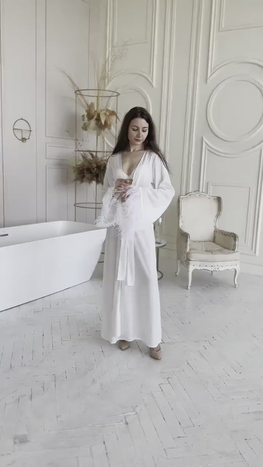 White Feather Bridal Robe, Italian Satin Wedding Kimono, Glamorous Honeymoon Gown