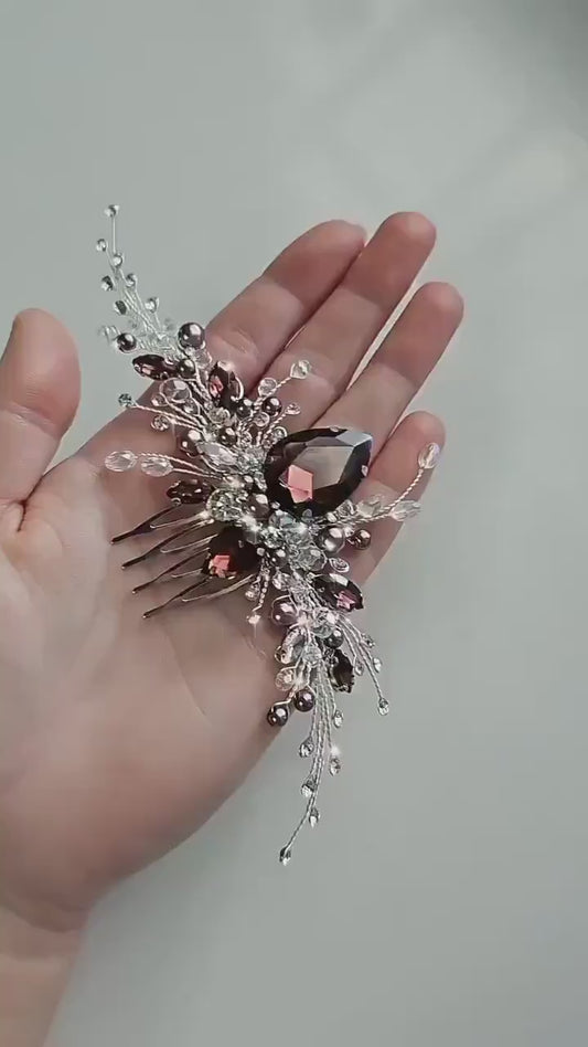 Burgundy Crystal Wedding Hair Comb, Bridal Hair Piece, 6 Inch