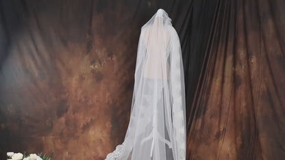 Floral Lace Cathedral Wedding Veil, Sequined Embroidery, Ivory, 158 Inch Royal Train