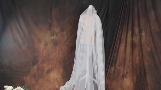 Floral Lace Cathedral Wedding Veil, Sequined Embroidery, Ivory, 158 Inch Royal Train
