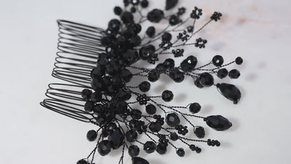 Black Crystal Floral Hair Comb: Bridal Wedding Hair Jewelry