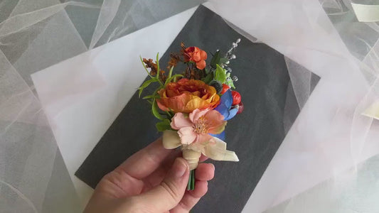 Orange Rose Grooms Boutonniere: Navy Accent Wedding Corsage
