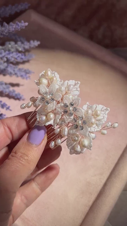 Rose Gold Flower Bridal Comb, Pearl Wedding Hair Piece, 6 Inch
