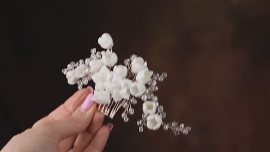 White Porcelain Flower Wedding Hair Comb, Rose Gold Bridal Hairpiece