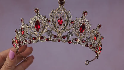 Gold Red Crystal Tiara, Oriental Inspired Bridal Crown, Rhinestone Prom Headpiece
