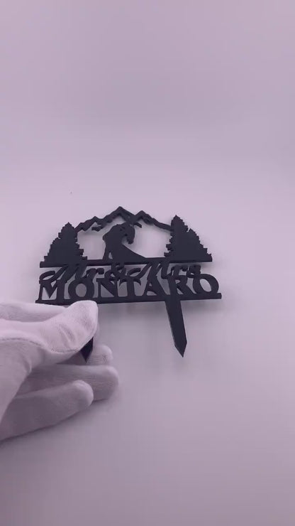 Mountain Wedding Cake Topper: Hiking Couple, Dog Silhouette