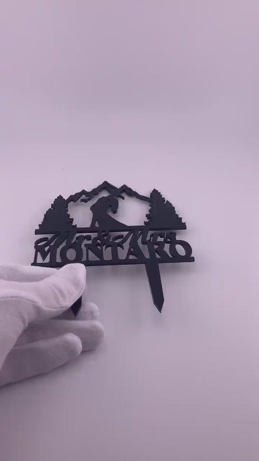 Mountain Wedding Cake Topper: Hiking Couple, Dog Silhouette