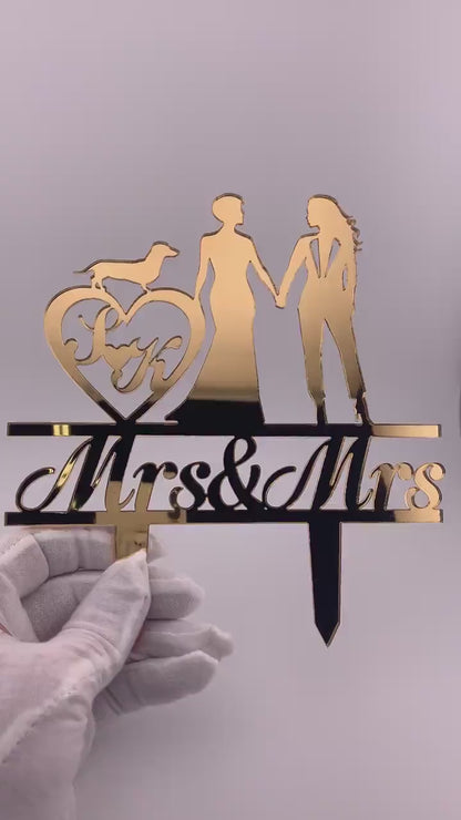 Lesbian Wedding Cake Topper: Two Women & Cats, Mrs and Mrs