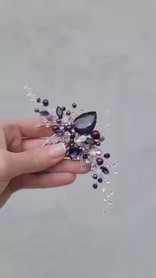 Purple and White Crystal Wedding Hair Comb: Handmade Hair Piece