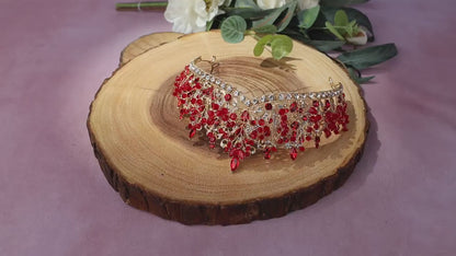 Gold Red Crystal Bridal Tiara, Rhinestone Wedding Crown, Vintage Prom Headpiece