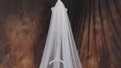 Handmade Cathedral Wedding Veil, Long Lace Applique  Ivory Bridal Veil with Scalloped Edge