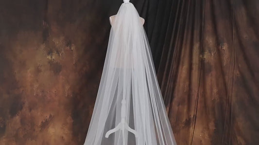 Handmade Cathedral Wedding Veil, Long Lace Applique  Ivory Bridal Veil with Scalloped Edge