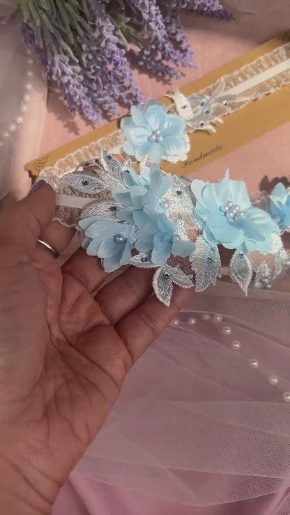 Blue tulle wedding garter, lace toss bridal garter, something blue for bride, bridal blue flower garter