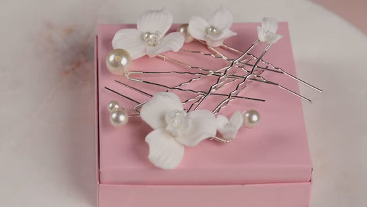 Porcelain Flower Bridal Hair Pins Set of 6, Pearl Wedding Hairpieces, Floral Updo Pins