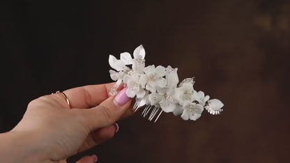 White Flower Bridal Comb, Silver Wedding Hair Piece