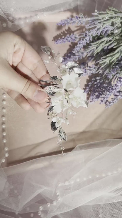 Porcelain Flower Bridal Comb, Silver Wedding Hair Piece, 6 Inch