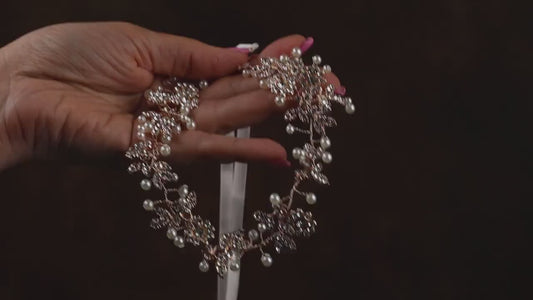 Bridal Pearl and Crystal Head Wreath: Wedding Hair Vine with Ribbon Tie