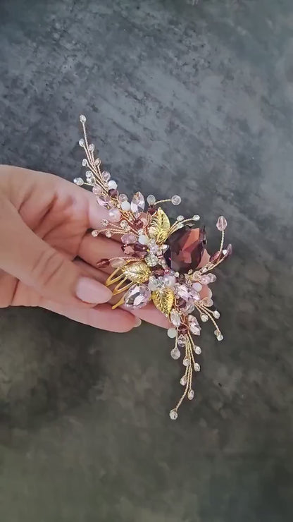 Burgundy Crystal Wedding Hair Comb, Gold & Pink Bridal Piece, 6 Inch