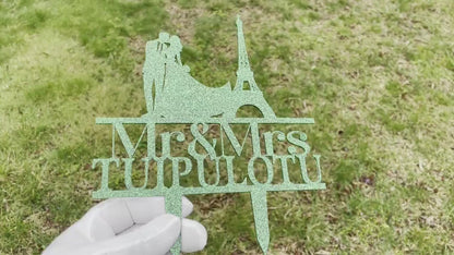 Paris Eiffel Tower Wedding Cake Topper: Personalized Couple Silhouette