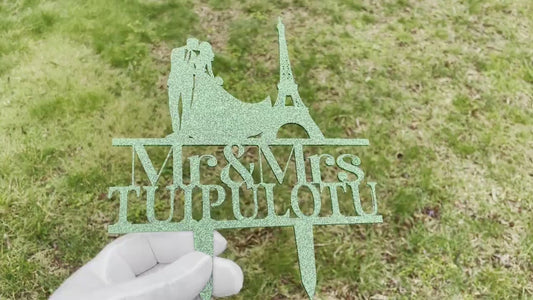 Paris Eiffel Tower Wedding Cake Topper: Personalized Couple Silhouette