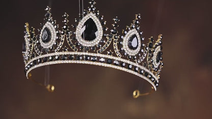 Black Crystal Bridal Tiara, Gold Plated Gothic Crown, Dark Romance Wedding Headpiece