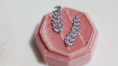 Silver Leaf Wedding Earrings, Cubic Zirconia Floral Bridal Earrings, Prom Dangle Jewelry