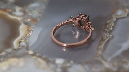 Oval Moss Agate Engagement Ring: Rose Gold Plated Sterling Silver, CZ Accents