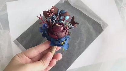 Burgundy Rose Groom Boutonniere, Navy Accents, Handmade