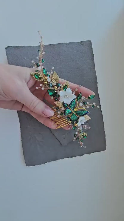 Gold Emerald Butterfly Wedding Hair Comb, Crystal Flower Bridal Accessory, 7 Inch