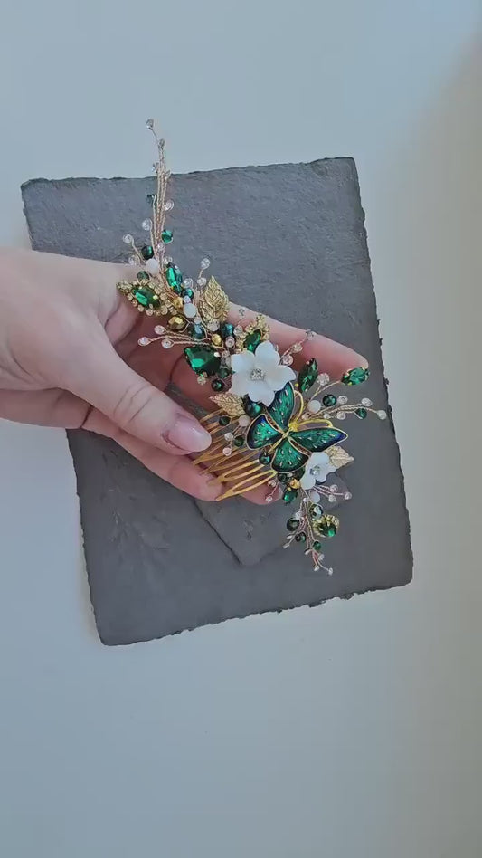 Gold Emerald Butterfly Wedding Hair Comb, Crystal Flower Bridal Accessory, 7 Inch