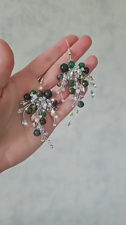 Moss Agate Bridal Earrings, Silver Crystal Boho Wedding Earrings, Green Prom Jewelry
