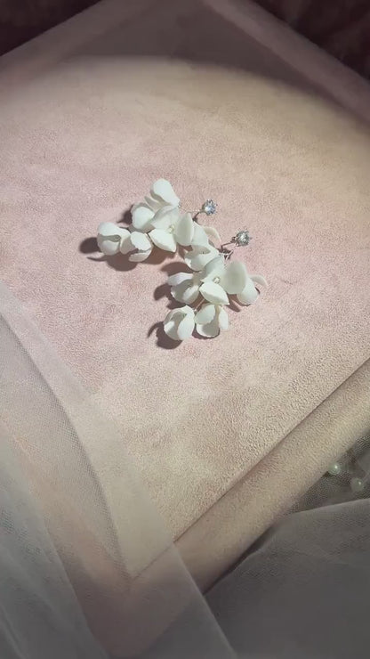 Porcelain Flower Bridal Earrings, Rhinestone Wedding Earrings, Floral Bridesmaid Jewelry