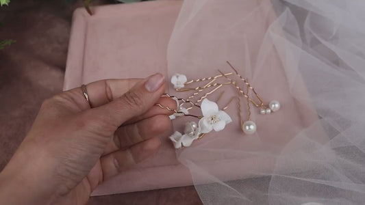 Porcelain Flower Bridal Hair Pins Set of 6, Gold Wedding Hair Accessories