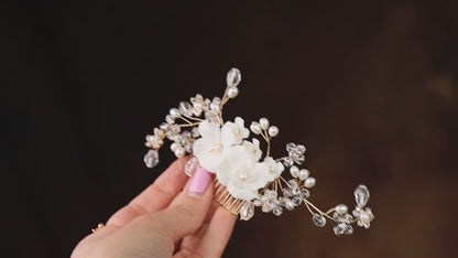 White Porcelain Flower Bridal Comb, Gold Wedding Hair Piece, 6 Inch