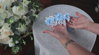 Blue tulle wedding garter, lace toss bridal garter, something blue for bride, bridal blue flower garter