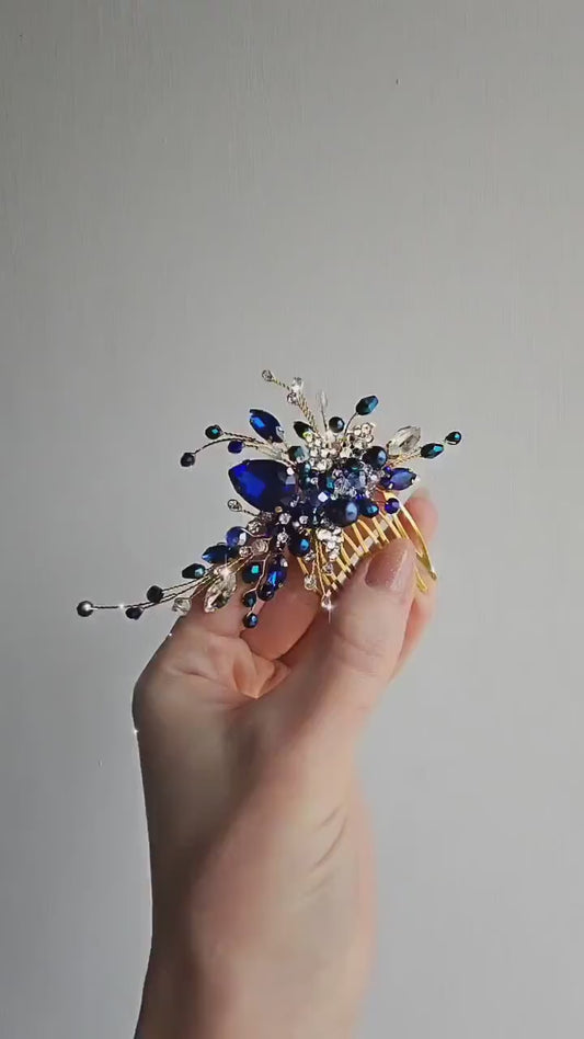 Royal Blue Crystal Gold Wedding Hair Comb, 4 Inch
