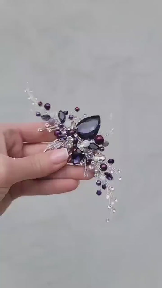 Purple Crystal Wedding Hair Comb: Handmade Violet Bridal Hairpiece