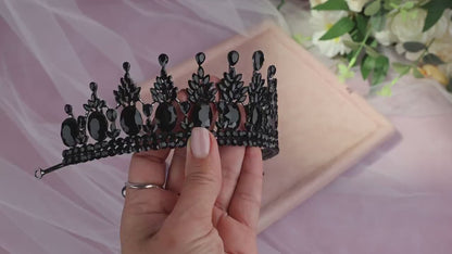 Black Crystal Tiara and Earrings Set, Gothic Wedding Headpiece, Bridal Crown Set