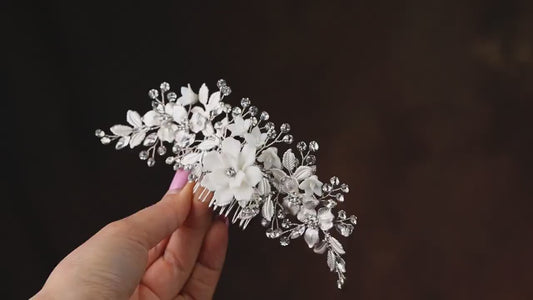 Vintage Style White Flower Bridal Comb, Silver Crystal Hair Jewelry