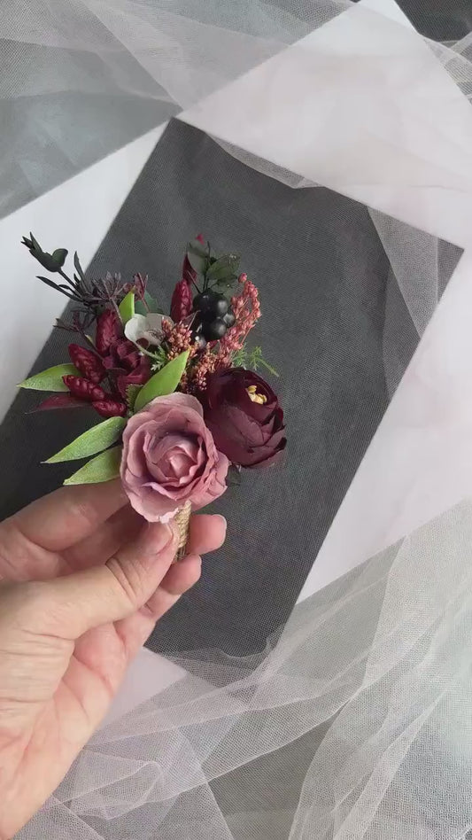 Burgundy Blush Rose Grooms Boutonniere: Handmade Wedding Accessories