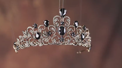 Black Crystal Gold Plated Tiara, Gothic Bridal Headpiece, Statement Prom Crown