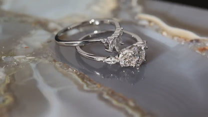Moissanite Engagement Ring Set: Marquise Crown, Rhodium Plated Silver