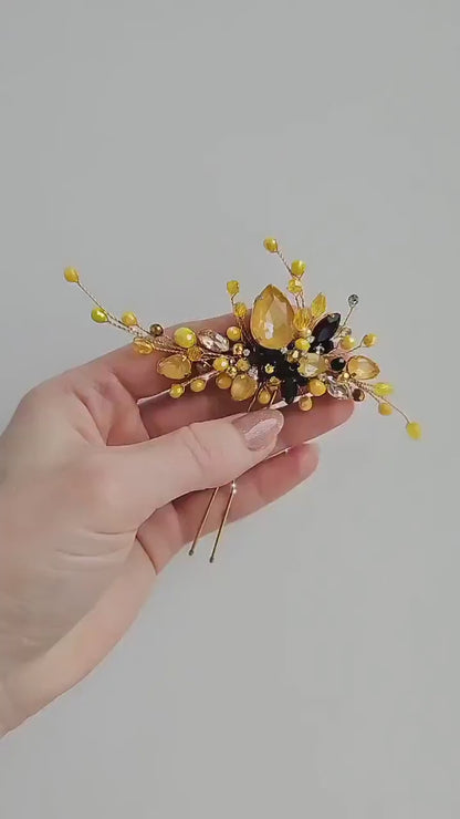 Yellow Black Crystal Hair Pin, Prom Hair Accessory, Statement Bridal Hair Jewelry