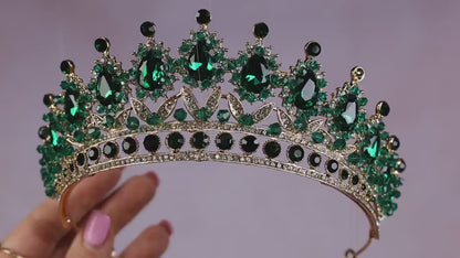 Emerald Green Crystal Wedding Tiara, Gold Bridal Crown, Green Prom Headpiece