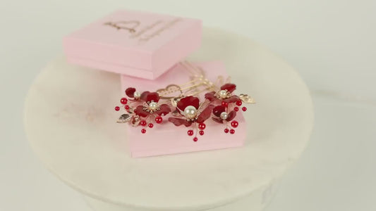 Red Floral Bridal Hair Pins Set of 5, Gothic Wedding Accessories, Dark Romance Hairpiece