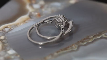 Moonstone Engagement Ring Set: Sterling Silver Rhodium Crown