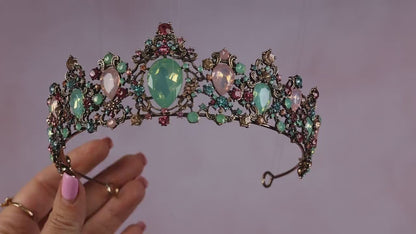 Gold Baroque Crystal Bridal Tiara, Handmade Rhinestone Wedding Crown, Vintage Prom Headpiece