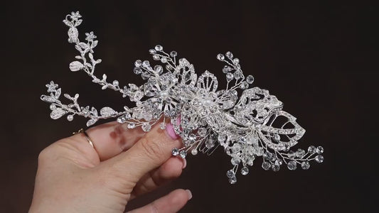 Crystal Flower Bridal Hair Comb, Silver Wedding Hairpiece
